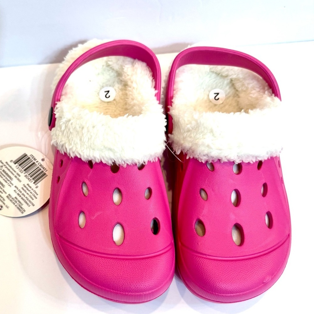 NWT Girls Hot Pink Fur-Lined Winter Clogs (Crocs-Style) Sz Med 1-2 Slip-on Shoe
